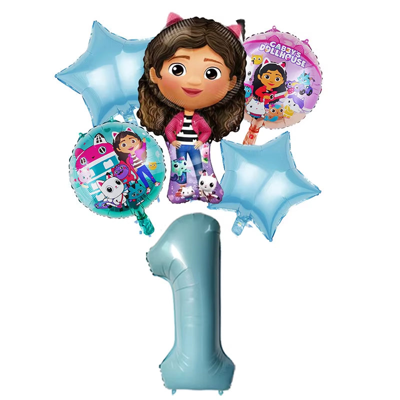 6Pcs Gabby Dollhouse Balloons Set Cartoon Girls Birthday Party Decoration Supplies Baby Shower Helium Globos