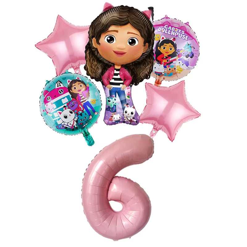 6Pcs Gabby Dollhouse Balloons Set Cartoon Girls Birthday Party Decoration Supplies Baby Shower Helium Globos