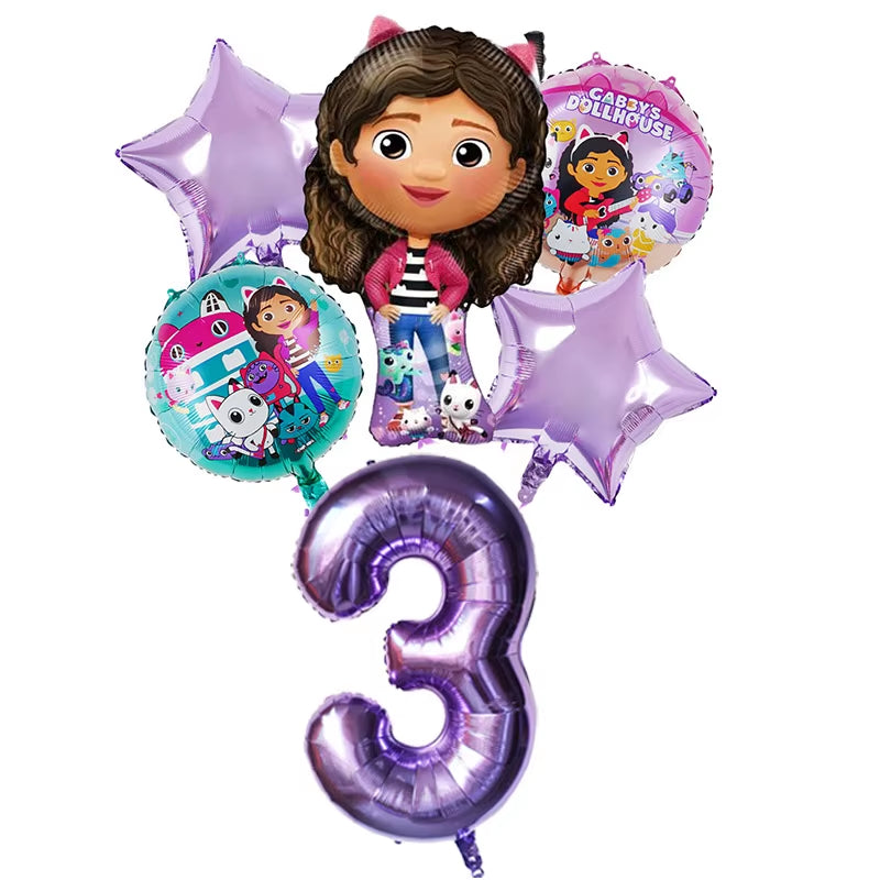 6Pcs Gabby Dollhouse Balloons Set Cartoon Girls Birthday Party Decoration Supplies Baby Shower Helium Globos