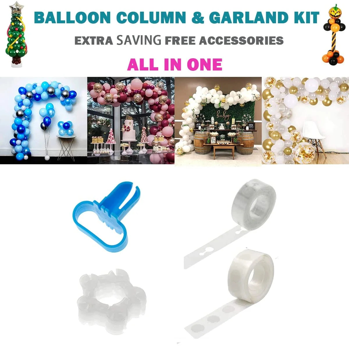Easy Set up Balloon Column Stand Party Decoration Kits, Plastic Metal White, 2 Piece