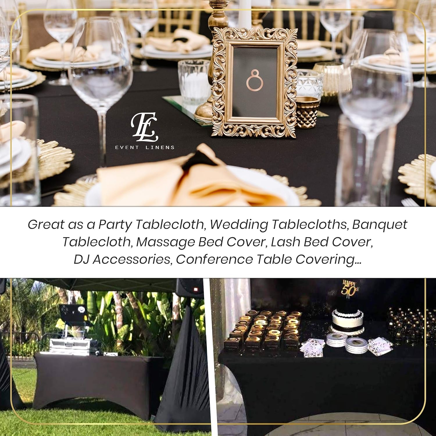 Premium 8Ft Tablecloth Rectangular Spandex Linen - Black Table Cloth Fitted Cover for 8 Foot Folding Table, Wedding Linens Banquet Cloths Rectangle Covers