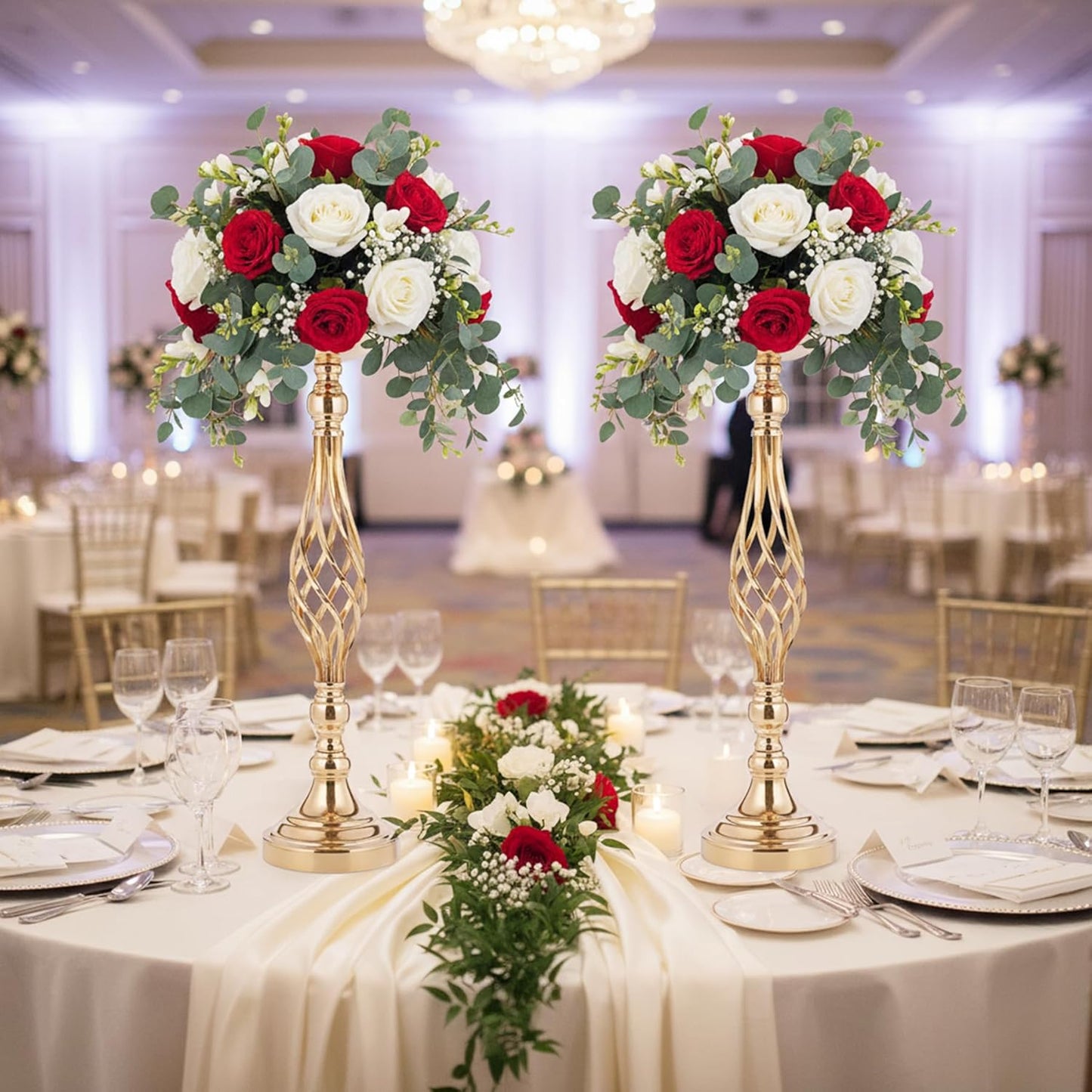 Gold Wedding Vases for Table Centerpieces - 2Pcs of Twist Candleholder Stands, Elegant Floral Arrangement Vases, Metal Centerpieces for Reception Table Wedding Road-Leading Home Decor