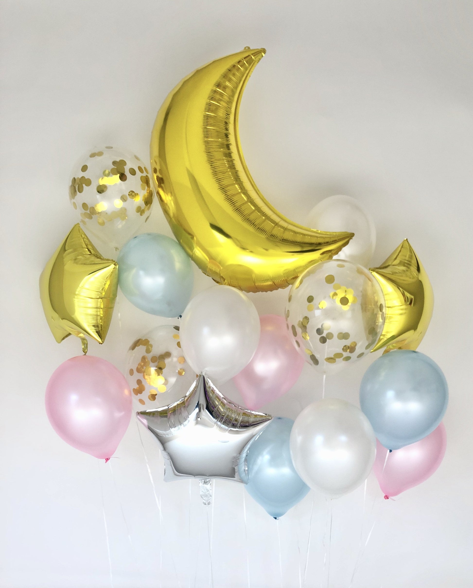 16 Piece Gender Reveal Set with Moon and Star Balloons Bouquet - Baby Shower, Birthday, Gender Reveal, Eid, and Ramadan Party Decoration (Blue & Pink)