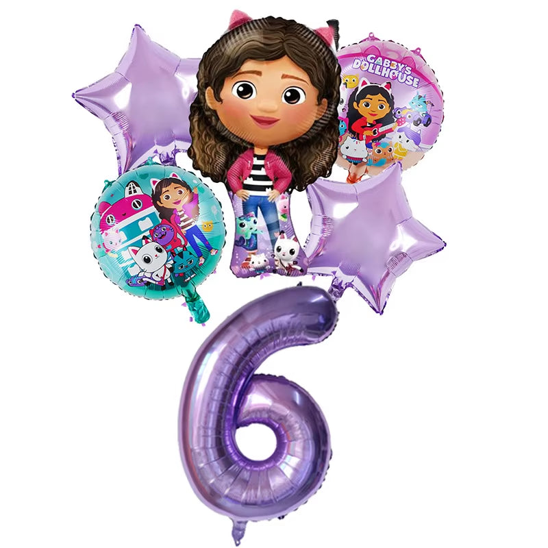 6Pcs Gabby Dollhouse Balloons Set Cartoon Girls Birthday Party Decoration Supplies Baby Shower Helium Globos