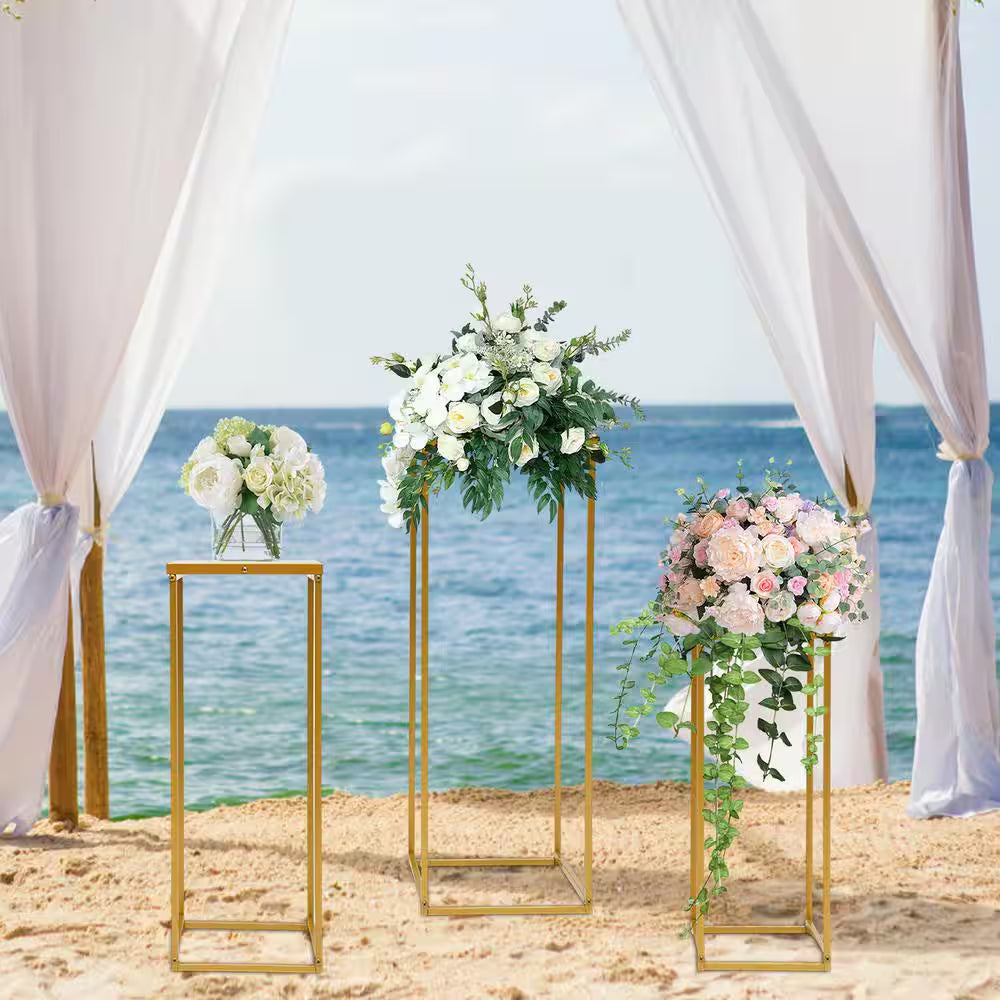27.56 In. X 10.23 In. Set of 3 Metal Square Gold Wedding Backdrop Grande Vinyl Arbor