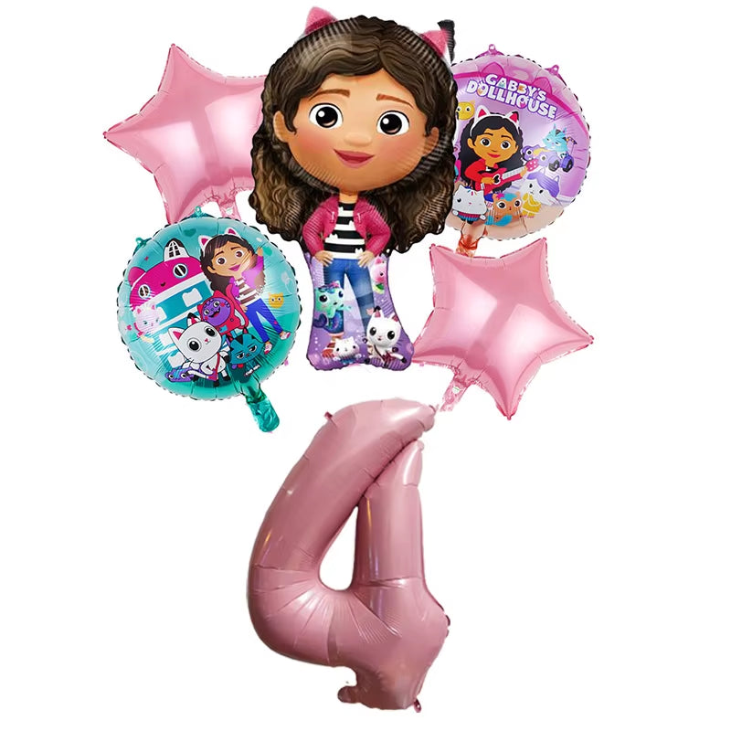 6Pcs Gabby Dollhouse Balloons Set Cartoon Girls Birthday Party Decoration Supplies Baby Shower Helium Globos