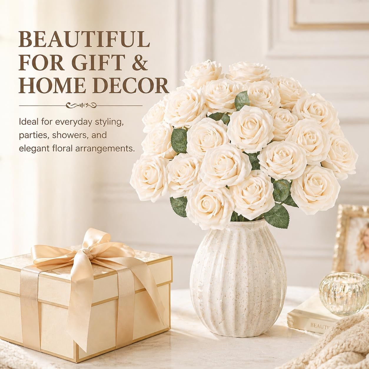 Artificial Flower Roses 30PCS Real Touch Fake Flowers with Stem Foam Roses for DIY Wedding Bouquet Table Centerpieces Bridal Shower Party Home Spring Valentines Day Decorations (Cream)