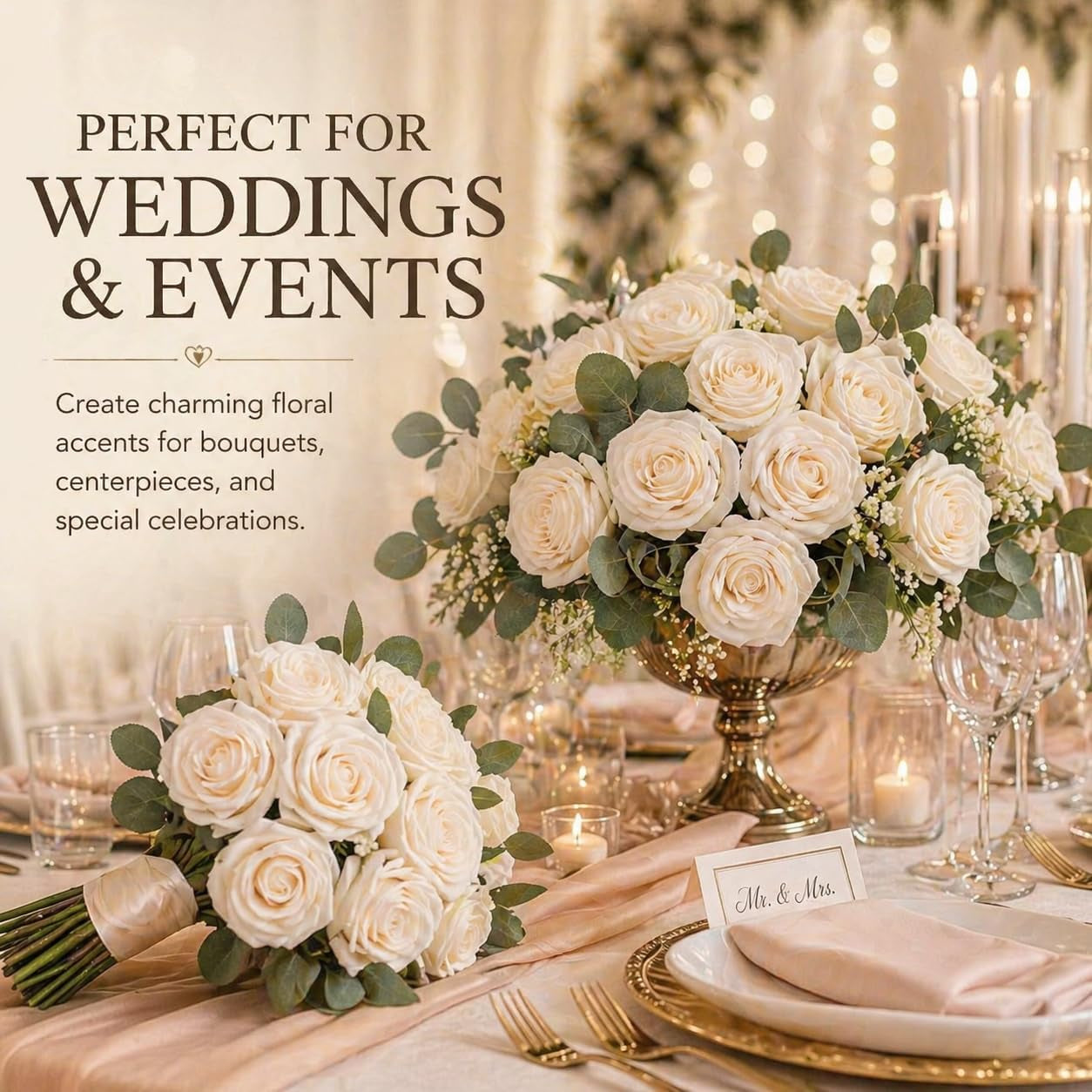 Artificial Flower Roses 30PCS Real Touch Fake Flowers with Stem Foam Roses for DIY Wedding Bouquet Table Centerpieces Bridal Shower Party Home Spring Valentines Day Decorations (Cream)