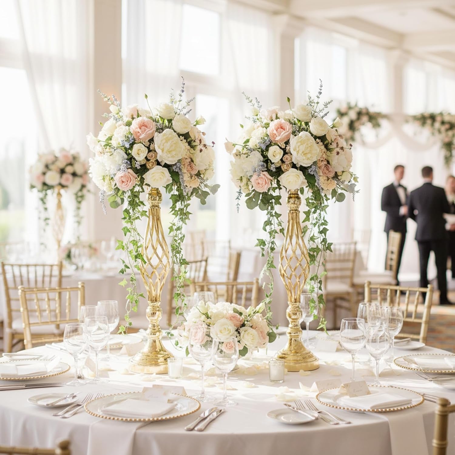 Gold Wedding Vases for Table Centerpieces - 2Pcs of Twist Candleholder Stands, Elegant Floral Arrangement Vases, Metal Centerpieces for Reception Table Wedding Road-Leading Home Decor