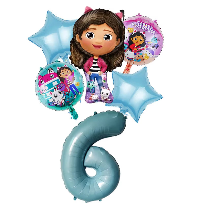 6Pcs Gabby Dollhouse Balloons Set Cartoon Girls Birthday Party Decoration Supplies Baby Shower Helium Globos