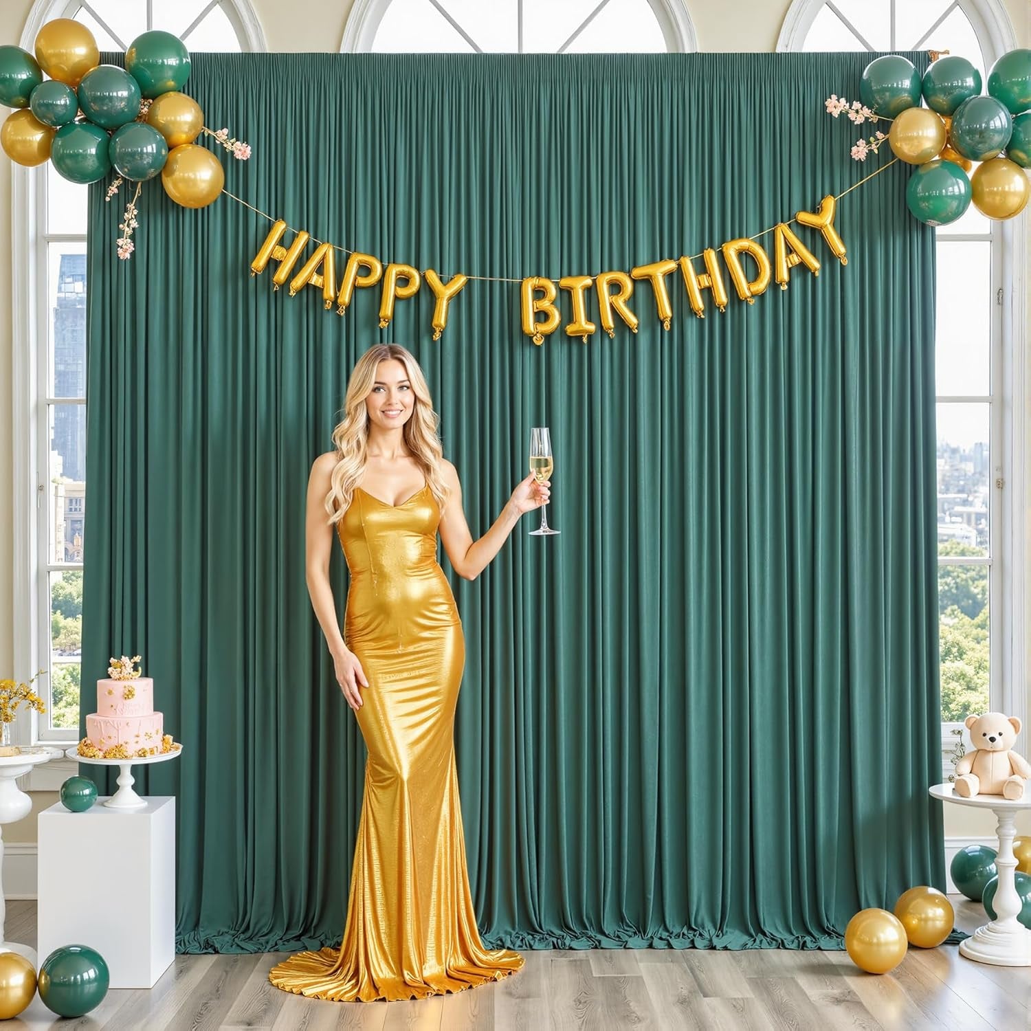 10Ft X 10Ft Hunter Green Backdrop Curtain for Parties Dark Green Wrinkle Free Backdrop Drapes Panels for Baby Shower Birthday Party Photo Photography Polyester Fabric Background Decoration