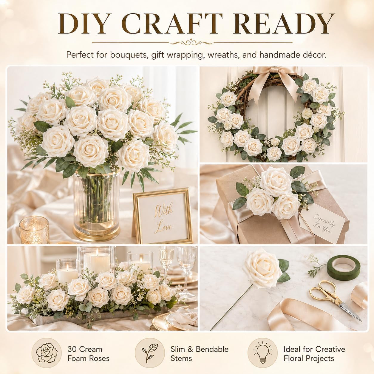 Artificial Flower Roses 30PCS Real Touch Fake Flowers with Stem Foam Roses for DIY Wedding Bouquet Table Centerpieces Bridal Shower Party Home Spring Valentines Day Decorations (Cream)