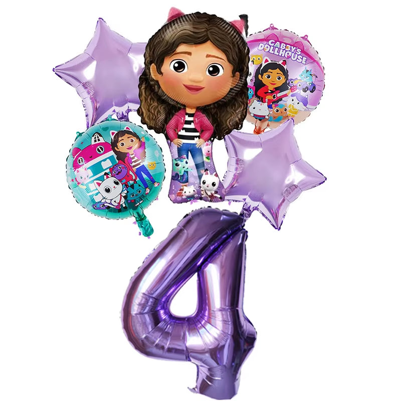6Pcs Gabby Dollhouse Balloons Set Cartoon Girls Birthday Party Decoration Supplies Baby Shower Helium Globos