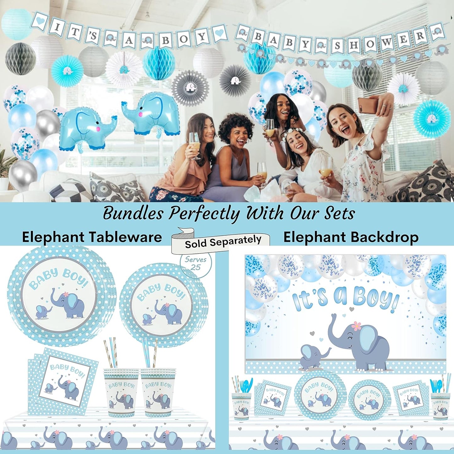 697 Piece Blue Elephant Baby Shower Decorations for Boy Kit - It'S a BOY Pre-Strung Banners, Garland Guestbook Mommy to Be Sash Balloons Cake Toppers Fans Lantern Napkins Straws Games & Favor Stickers