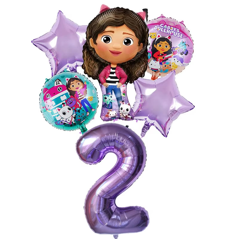 6Pcs Gabby Dollhouse Balloons Set Cartoon Girls Birthday Party Decoration Supplies Baby Shower Helium Globos