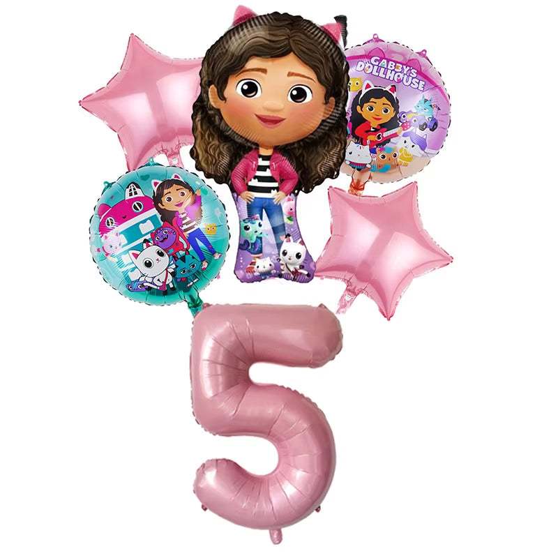 6Pcs Gabby Dollhouse Balloons Set Cartoon Girls Birthday Party Decoration Supplies Baby Shower Helium Globos