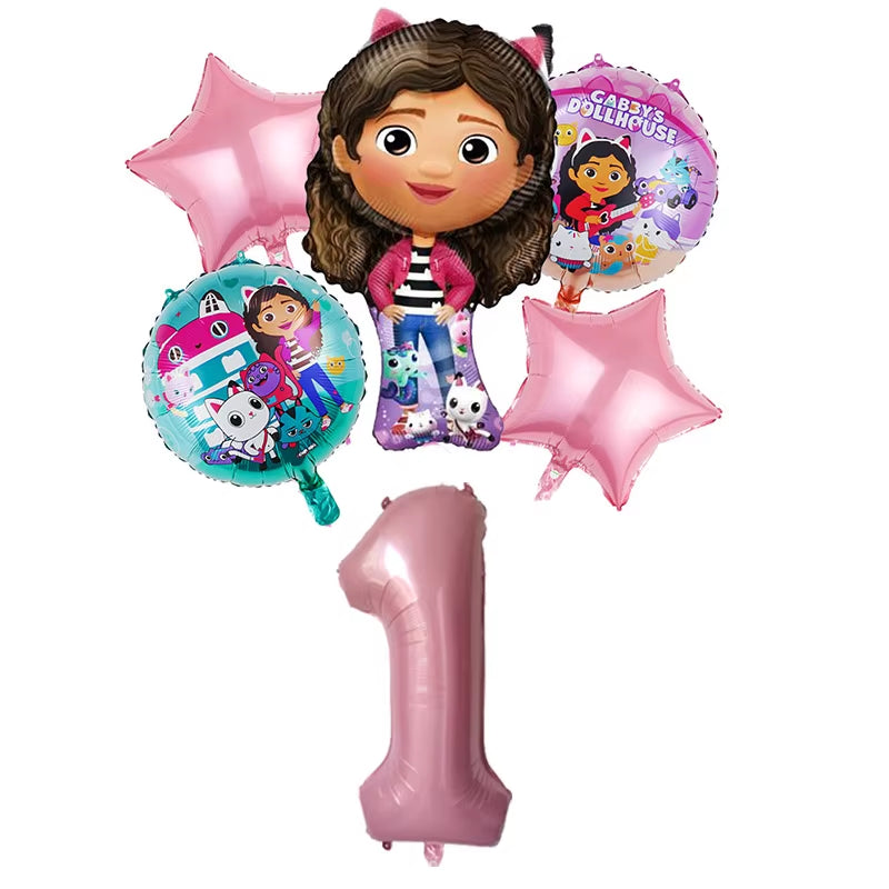 6Pcs Gabby Dollhouse Balloons Set Cartoon Girls Birthday Party Decoration Supplies Baby Shower Helium Globos