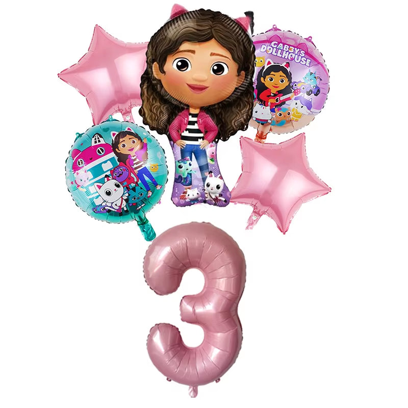 6Pcs Gabby Dollhouse Balloons Set Cartoon Girls Birthday Party Decoration Supplies Baby Shower Helium Globos