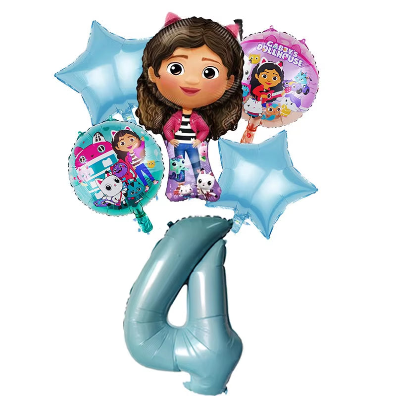 6Pcs Gabby Dollhouse Balloons Set Cartoon Girls Birthday Party Decoration Supplies Baby Shower Helium Globos