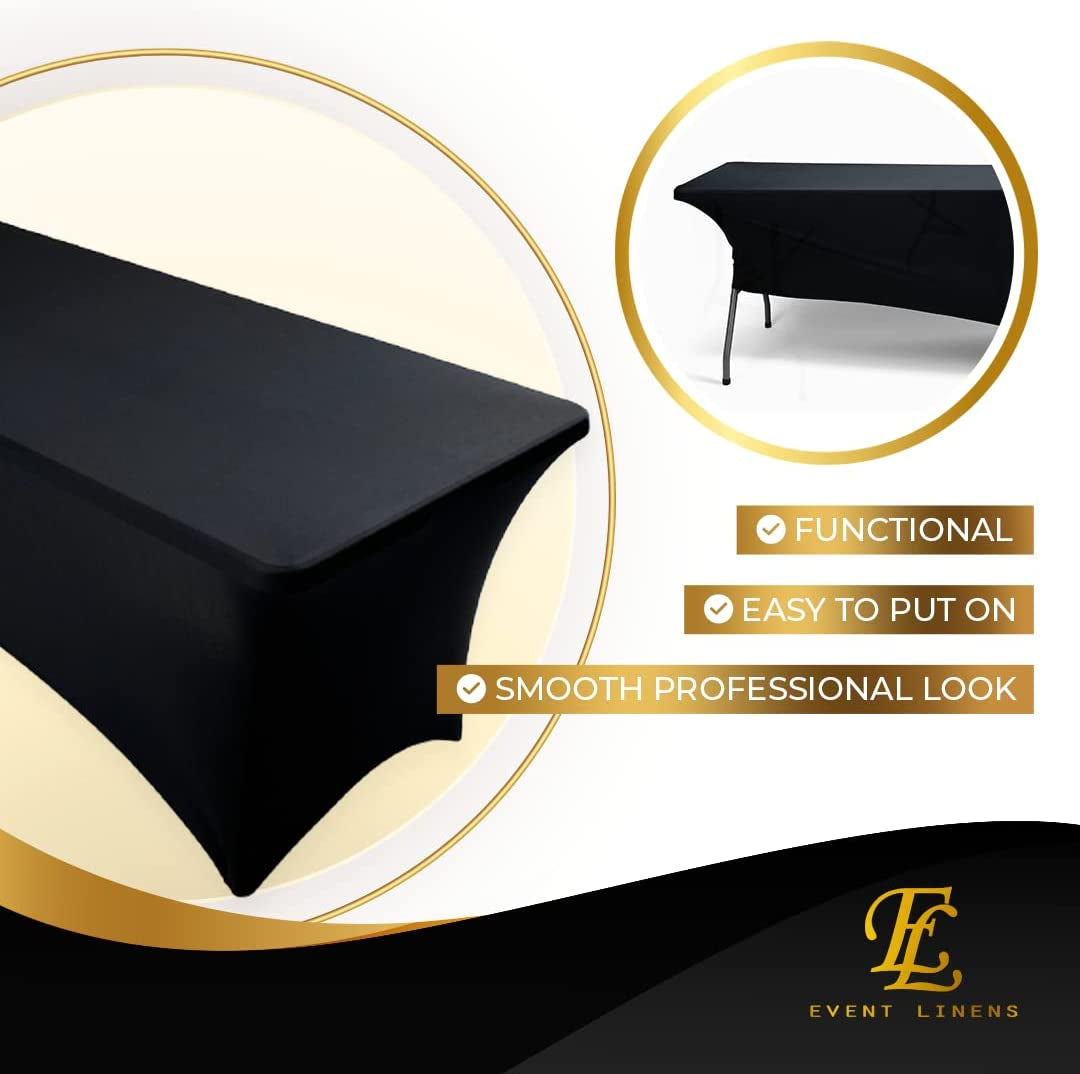Premium 8Ft Tablecloth Rectangular Spandex Linen - Black Table Cloth Fitted Cover for 8 Foot Folding Table, Wedding Linens Banquet Cloths Rectangle Covers