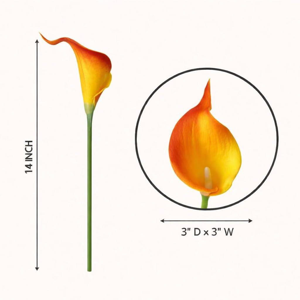 20 Pack Artificial Calla Lily Flowers 14 Inch Yellow-Orange – Real Touch Faux Flowers for Table Centerpieces, Home Decor and Weddings
