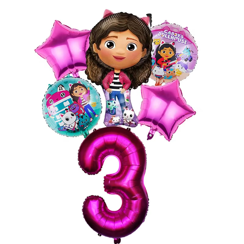 6Pcs Gabby Dollhouse Balloons Set Cartoon Girls Birthday Party Decoration Supplies Baby Shower Helium Globos