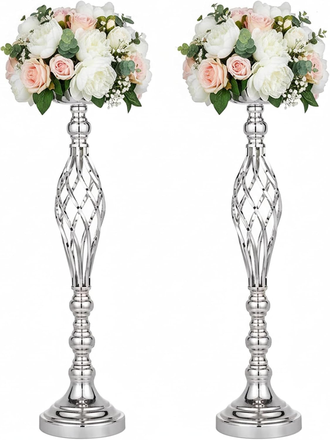 Silver Wedding Vases for Table Centerpieces - 2Pcs of Twist Candleholder Stands, Elegant Floral Arrangement Vases, Metal Centerpieces for Reception Table Wedding Road-Leading Home Decor