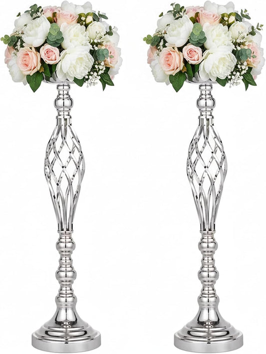 Silver Wedding Vases for Table Centerpieces - 2Pcs of Twist Candleholder Stands, Elegant Floral Arrangement Vases, Metal Centerpieces for Reception Table Wedding Road-Leading Home Decor