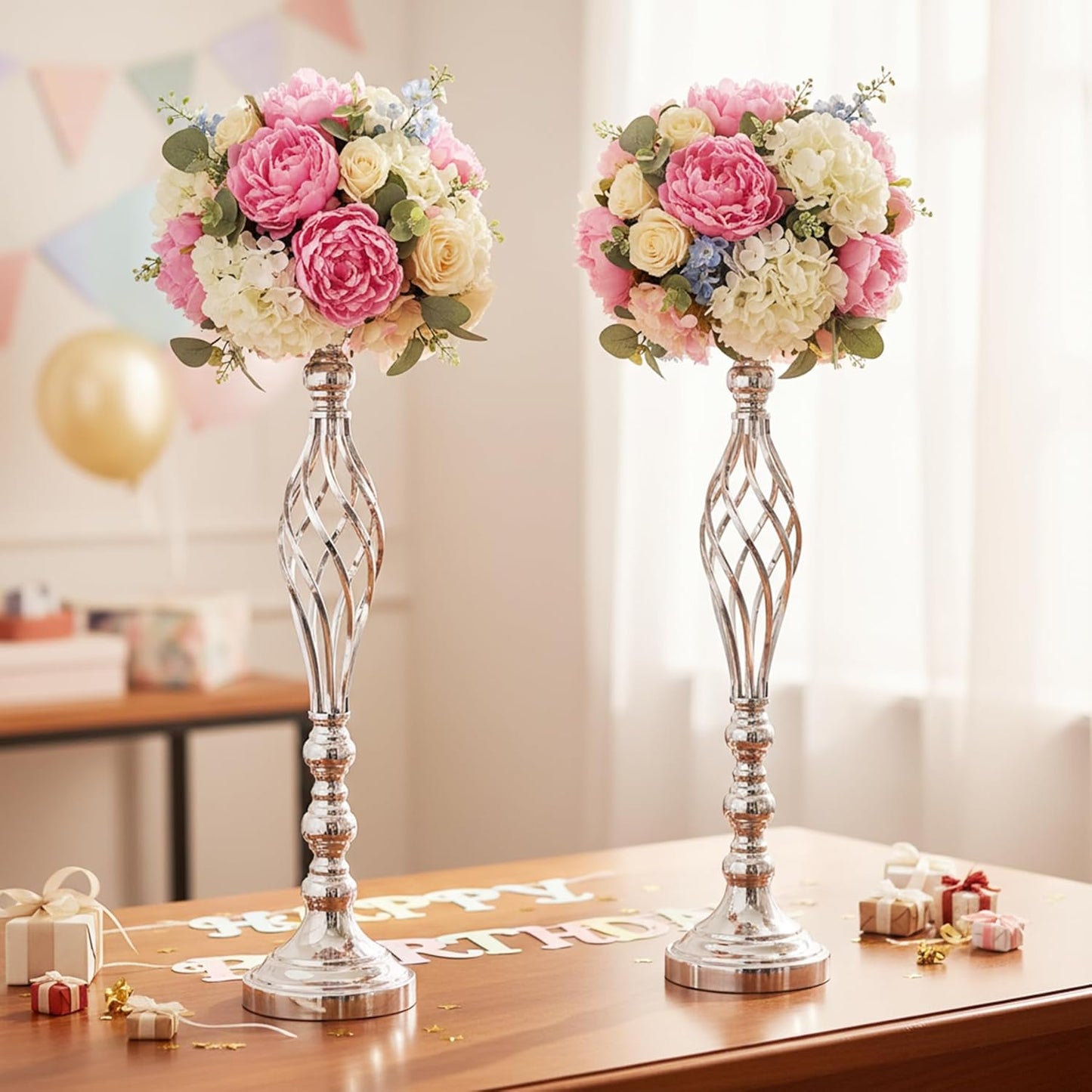 Silver Wedding Vases for Table Centerpieces - 2Pcs of Twist Candleholder Stands, Elegant Floral Arrangement Vases, Metal Centerpieces for Reception Table Wedding Road-Leading Home Decor