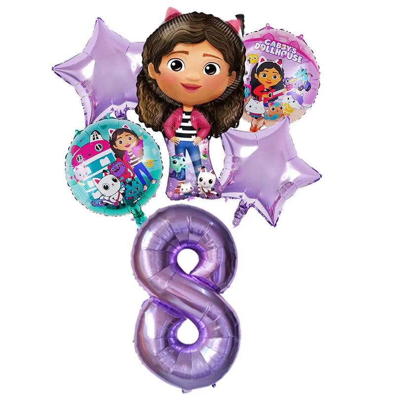 6Pcs Gabby Dollhouse Balloons Set Cartoon Girls Birthday Party Decoration Supplies Baby Shower Helium Globos