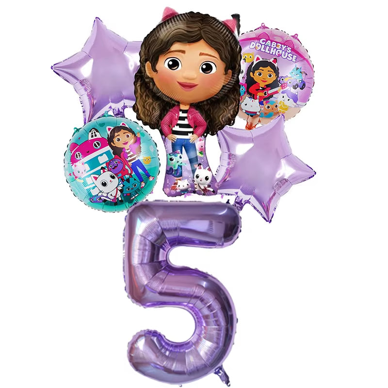 6Pcs Gabby Dollhouse Balloons Set Cartoon Girls Birthday Party Decoration Supplies Baby Shower Helium Globos