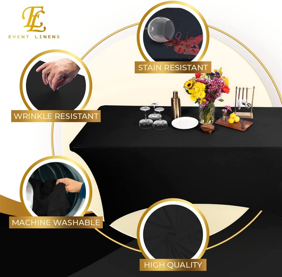 Premium 8Ft Tablecloth Rectangular Spandex Linen - Black Table Cloth Fitted Cover for 8 Foot Folding Table, Wedding Linens Banquet Cloths Rectangle Covers