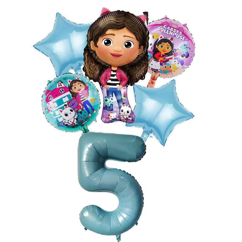 6Pcs Gabby Dollhouse Balloons Set Cartoon Girls Birthday Party Decoration Supplies Baby Shower Helium Globos