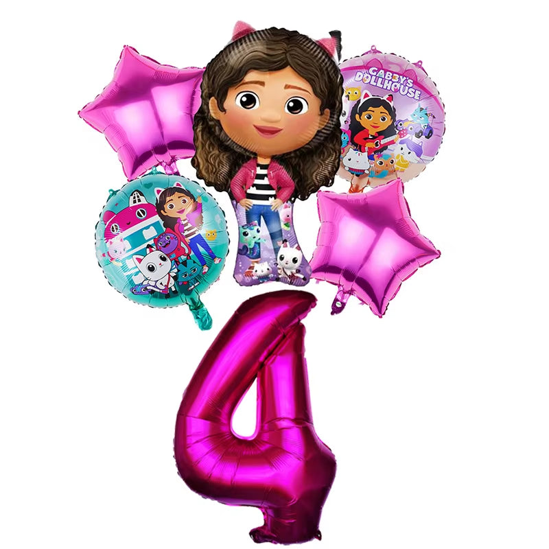 6Pcs Gabby Dollhouse Balloons Set Cartoon Girls Birthday Party Decoration Supplies Baby Shower Helium Globos