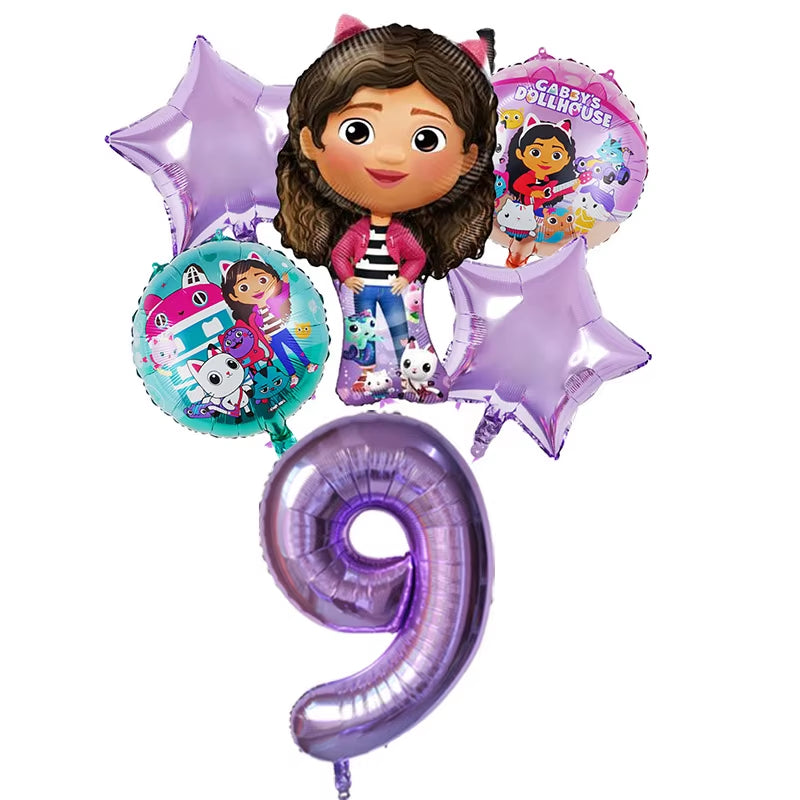 6Pcs Gabby Dollhouse Balloons Set Cartoon Girls Birthday Party Decoration Supplies Baby Shower Helium Globos