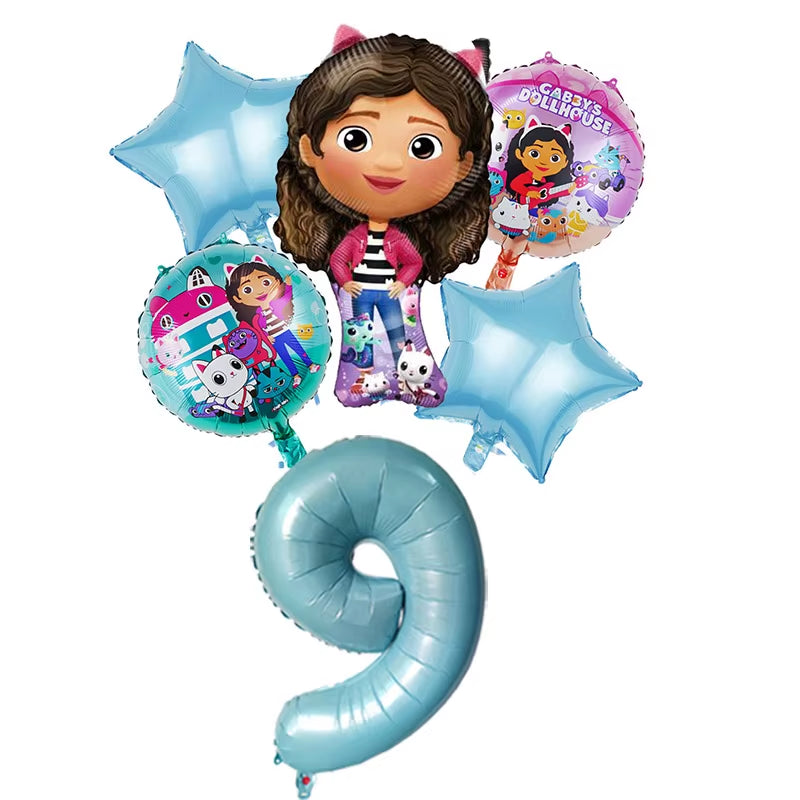 6Pcs Gabby Dollhouse Balloons Set Cartoon Girls Birthday Party Decoration Supplies Baby Shower Helium Globos