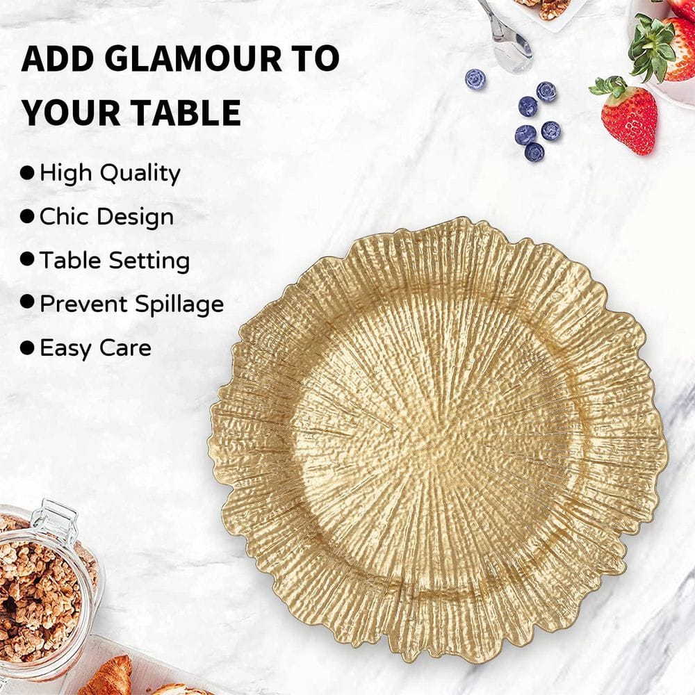13 In. Gold Charger Plates (Set of 6), Reef Plate Chargers for Dinner Plates, Plastic Table Chargers for Christmas