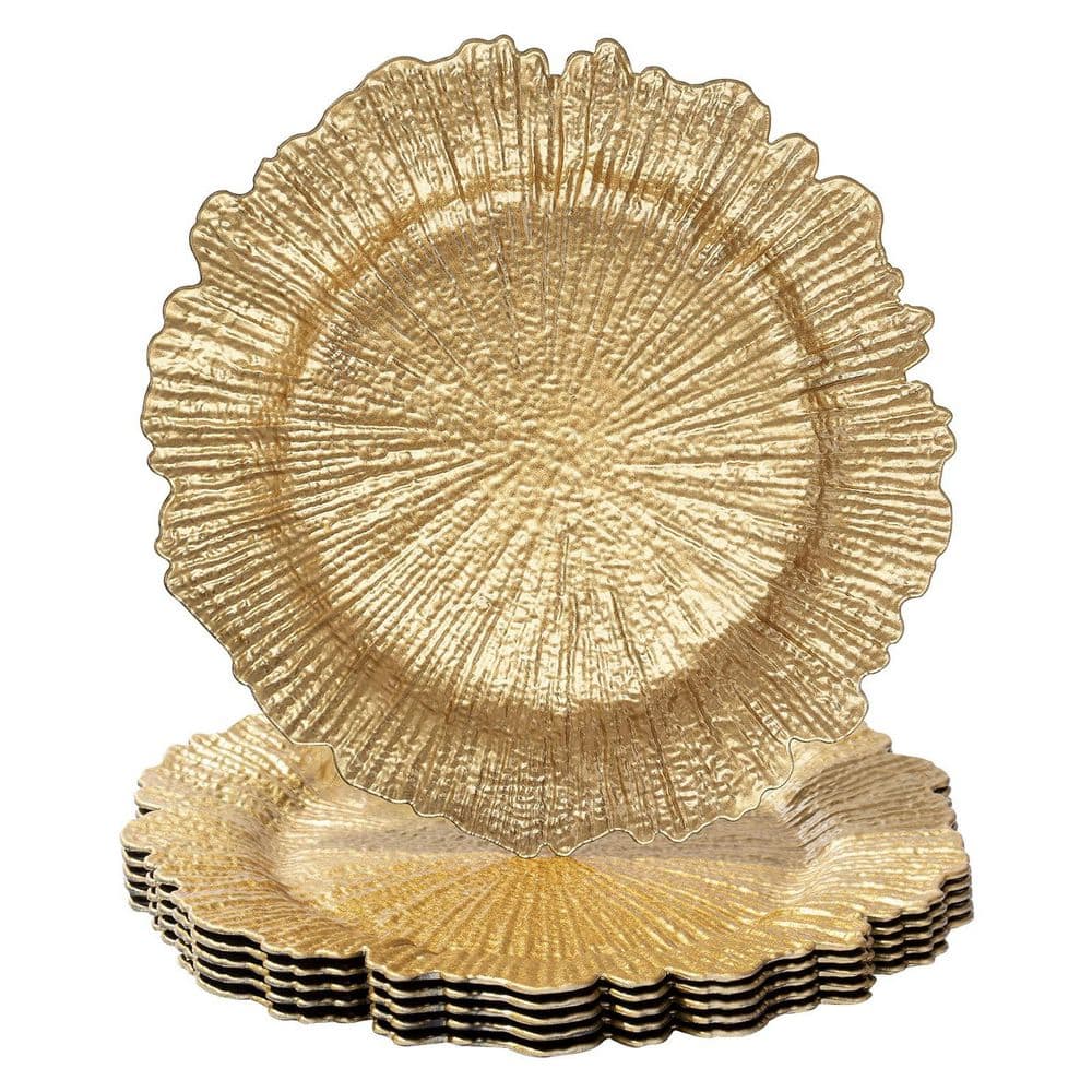 13 In. Gold Charger Plates (Set of 6), Reef Plate Chargers for Dinner Plates, Plastic Table Chargers for Christmas