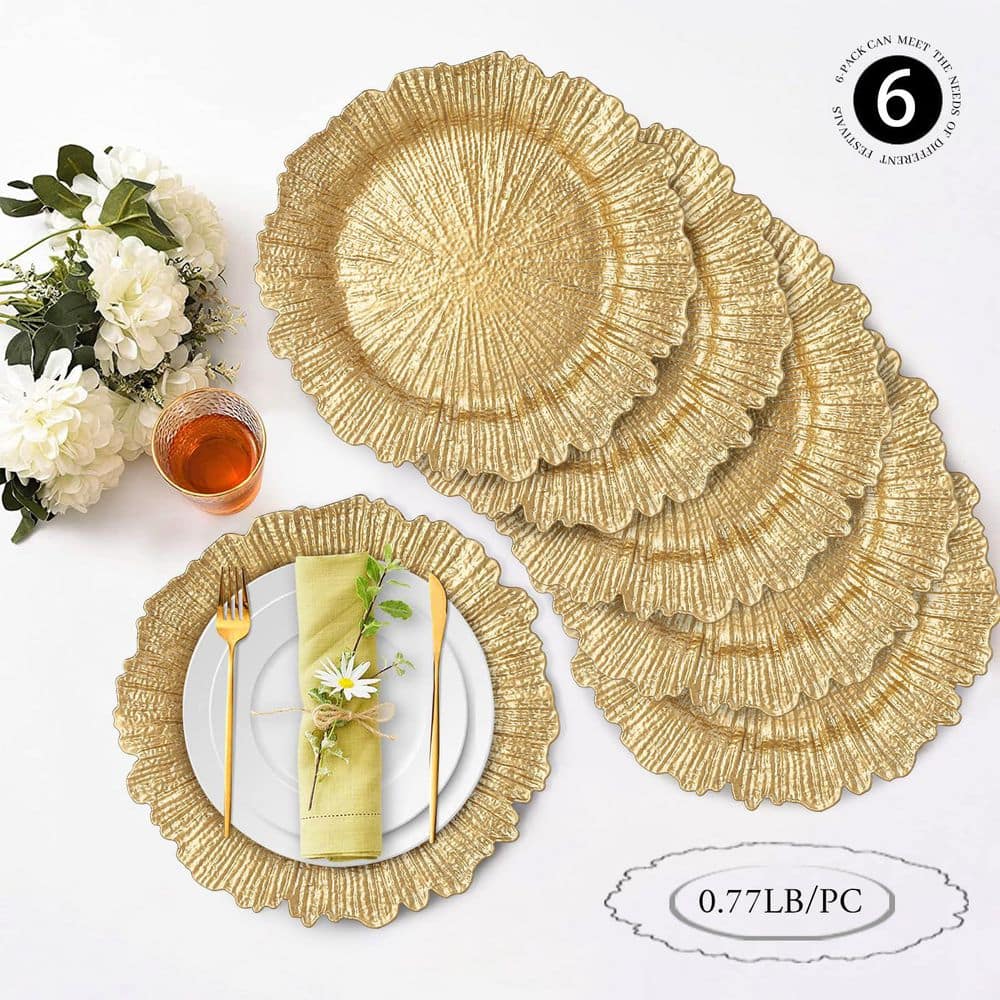 13 In. Gold Charger Plates (Set of 6), Reef Plate Chargers for Dinner Plates, Plastic Table Chargers for Christmas