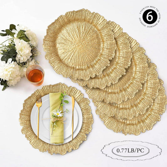 13 In. Gold Charger Plates (Set of 6), Reef Plate Chargers for Dinner Plates, Plastic Table Chargers for Christmas